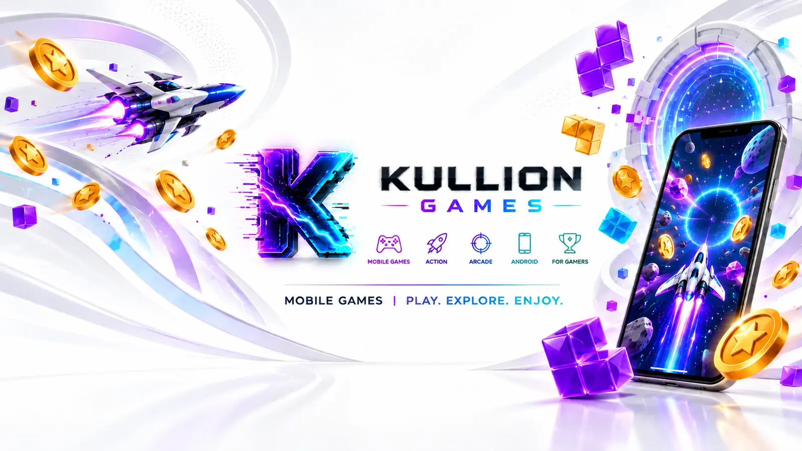 Kullion Games: weißes Gaming-Banner mit Raumschiff, Münzen, Portal und Smartphone